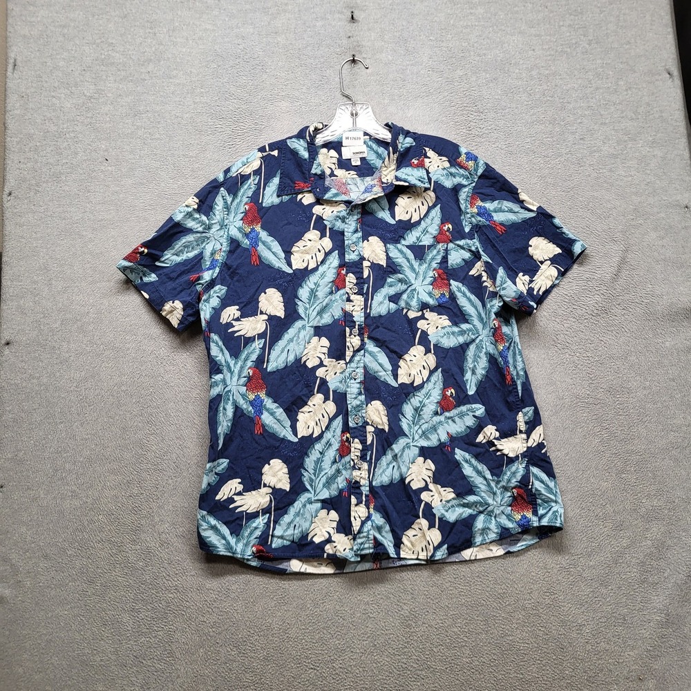 Sonoma Goods For Life Men Button Up Shirt XL Navy Floral Parrot Hawaiian Shirt